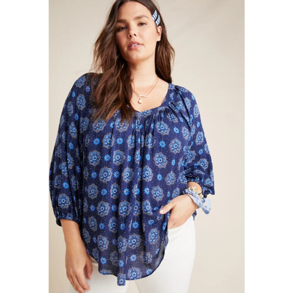 Anthropologie Maeve Boswell Blouse Blue V-Neck Balloon Sleeve Pullover Top 20W